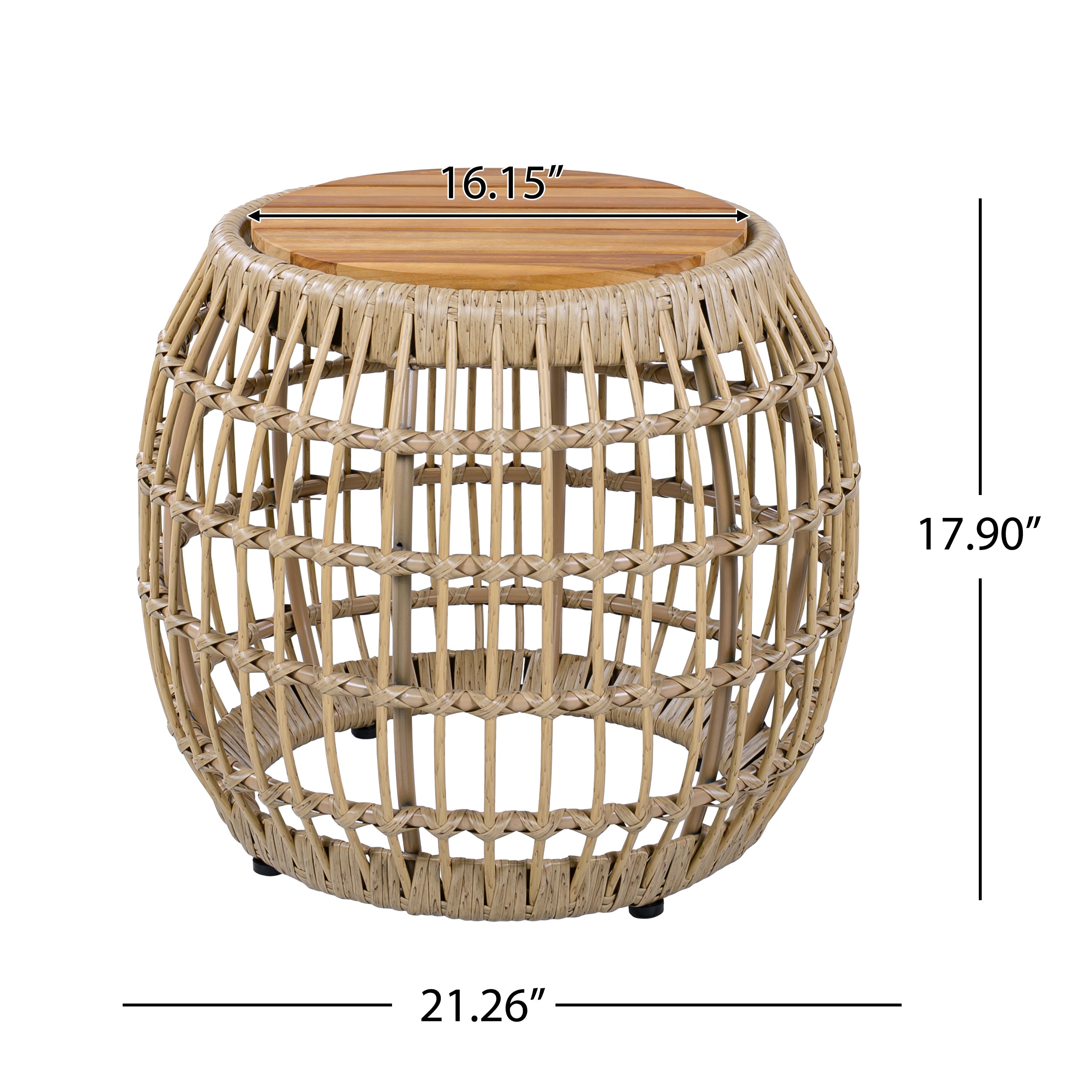 Outdoor Side Table Acacia Wood Wicker Base Round Light Brown 16in 150 LB