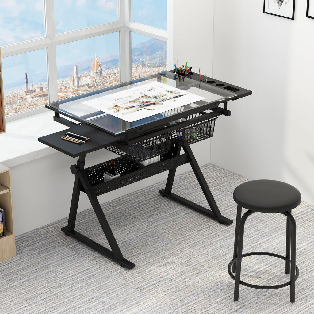 black adjustable tempered glass drafting printing table with chair