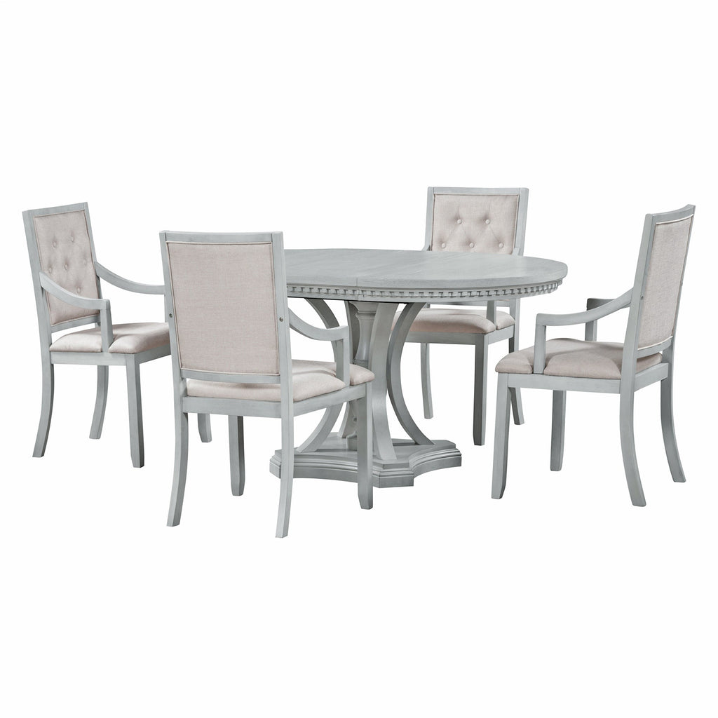 Retro 5-piece Dining Set Extendable Round Table and 4 Chairs for Kitchen Dining
