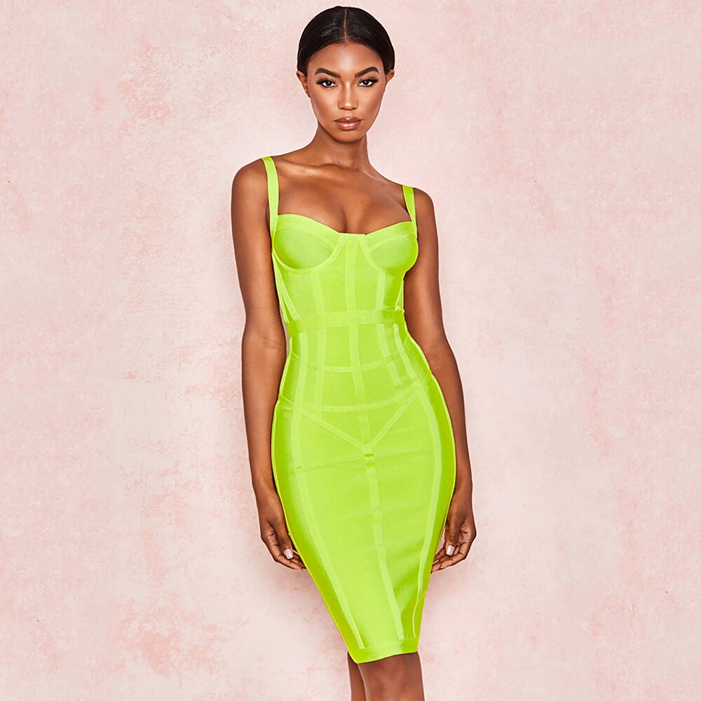 Summer Green Knee Length Hl Bandage Fresses Women Yellow Spaghetti Strap Sweetheart Sexy Sleeveless Blue Dress Bodycon