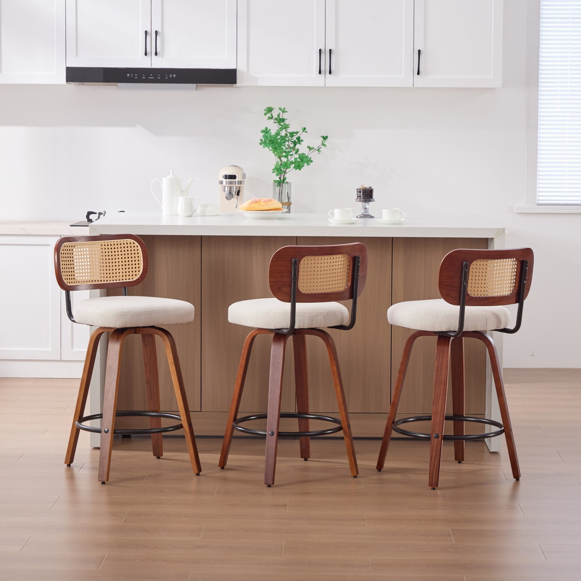 26-Inch Counter Height Bar Stools Set of 3, Walnut Black Cane Rattan Back, Beige
