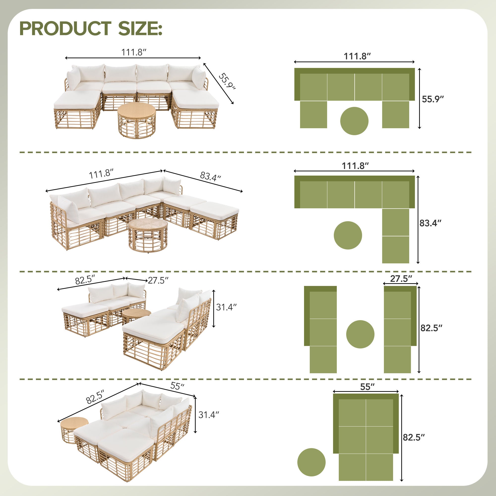 7 Pieces Outdoor Patio Furniture, All-Weather Rattan Sectional Sofa Set with