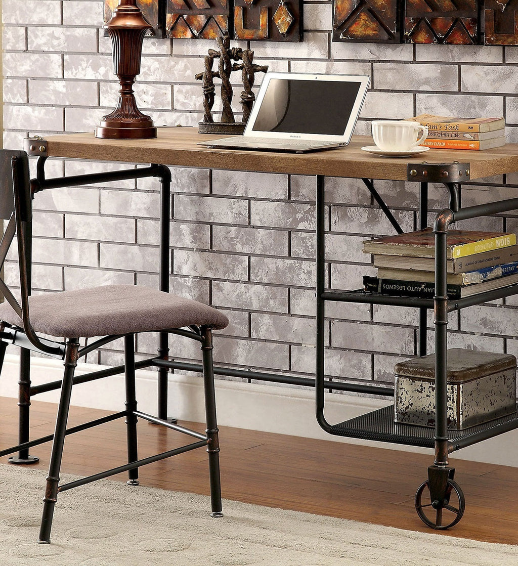 Industrial Inspired Desk With An Antique Black Metal Construction Replicated Wood Top And Caster Wheel Accents