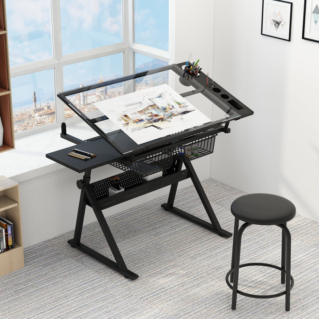 black adjustable tempered glass drafting printing table with chair