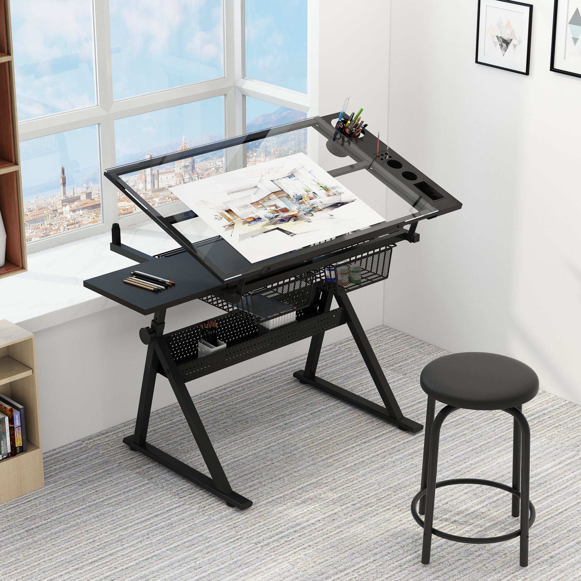 black adjustable tempered glass drafting printing table with chair