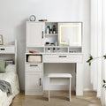 Vanity table with large sliding lighted mirror dressing table with 2 drawers storage shelves and upholstered stool white color