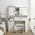 Vanity table with large sliding lighted mirror dressing table with 2 drawers storage shelves and upholstered stool white color
