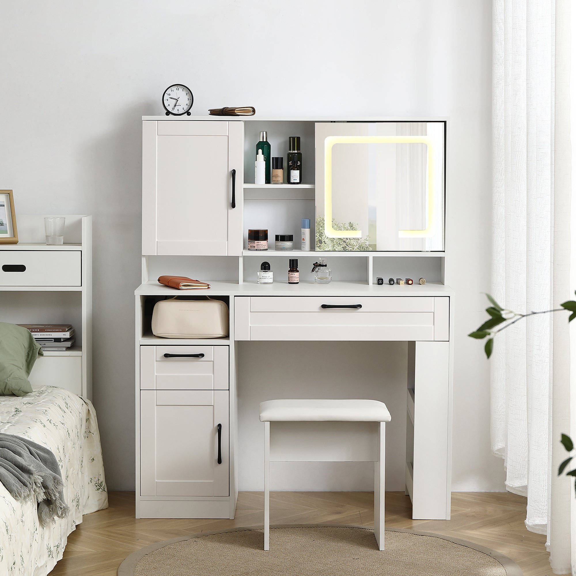 Vanity table with large sliding lighted mirror dressing table with 2 drawers storage shelves and upholstered stool white color