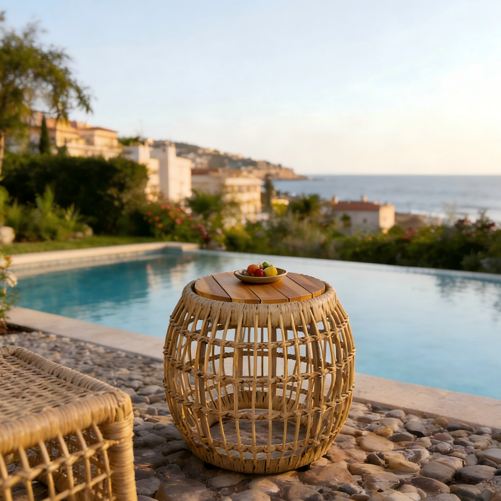 Outdoor Side Table Acacia Wood Wicker Base Round Light Brown 16in 150 LB