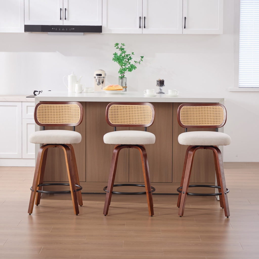 26-Inch Counter Height Bar Stools Set of 3, Walnut Black Cane Rattan Back, Beige