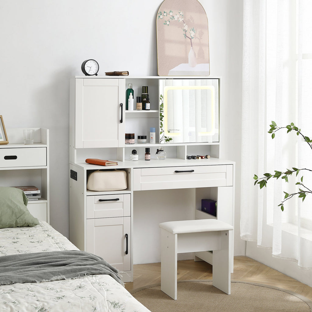 Vanity table with large sliding lighted mirror dressing table with 2 drawers storage shelves and upholstered stool white color