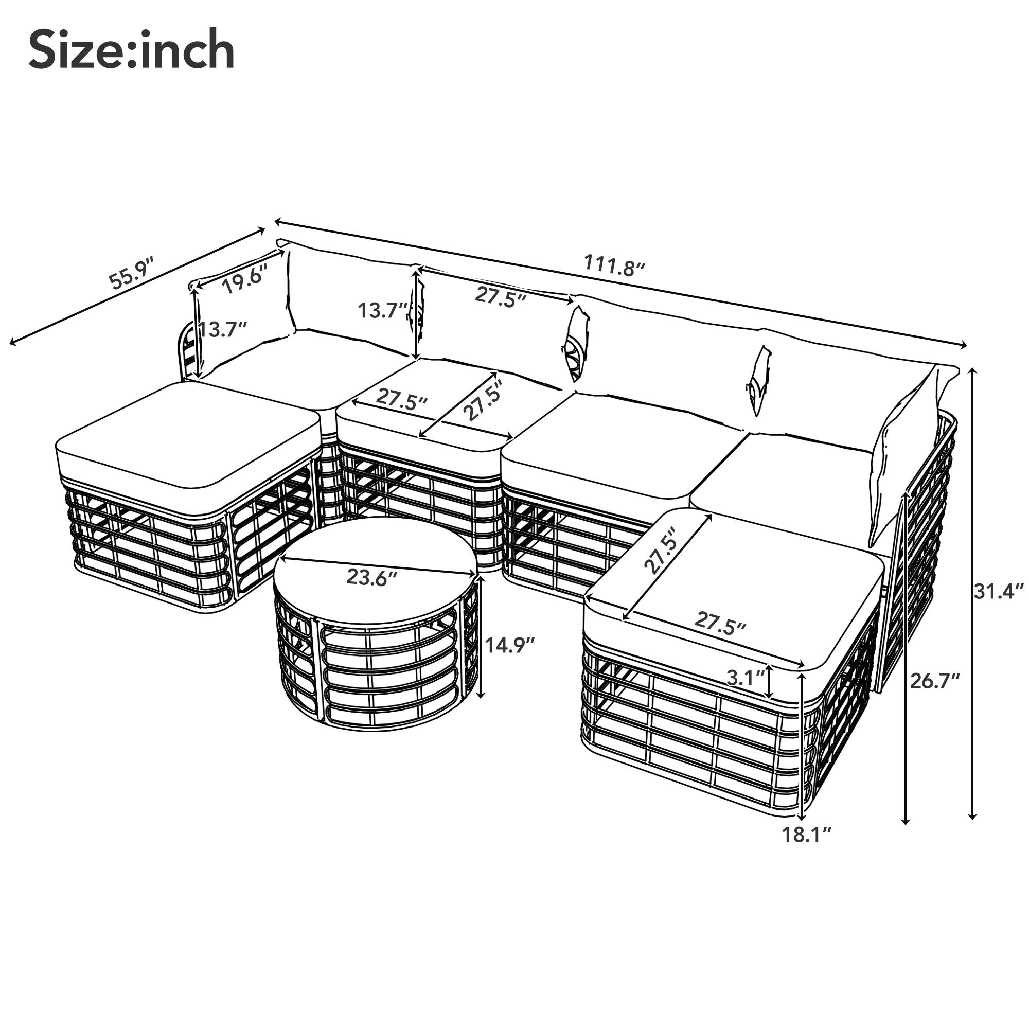 7 Pieces Outdoor Patio Furniture, All-Weather Rattan Sectional Sofa Set with