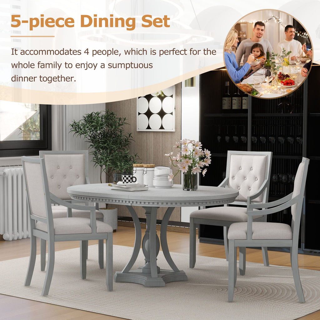 Retro 5-piece Dining Set Extendable Round Table and 4 Chairs for Kitchen Dining