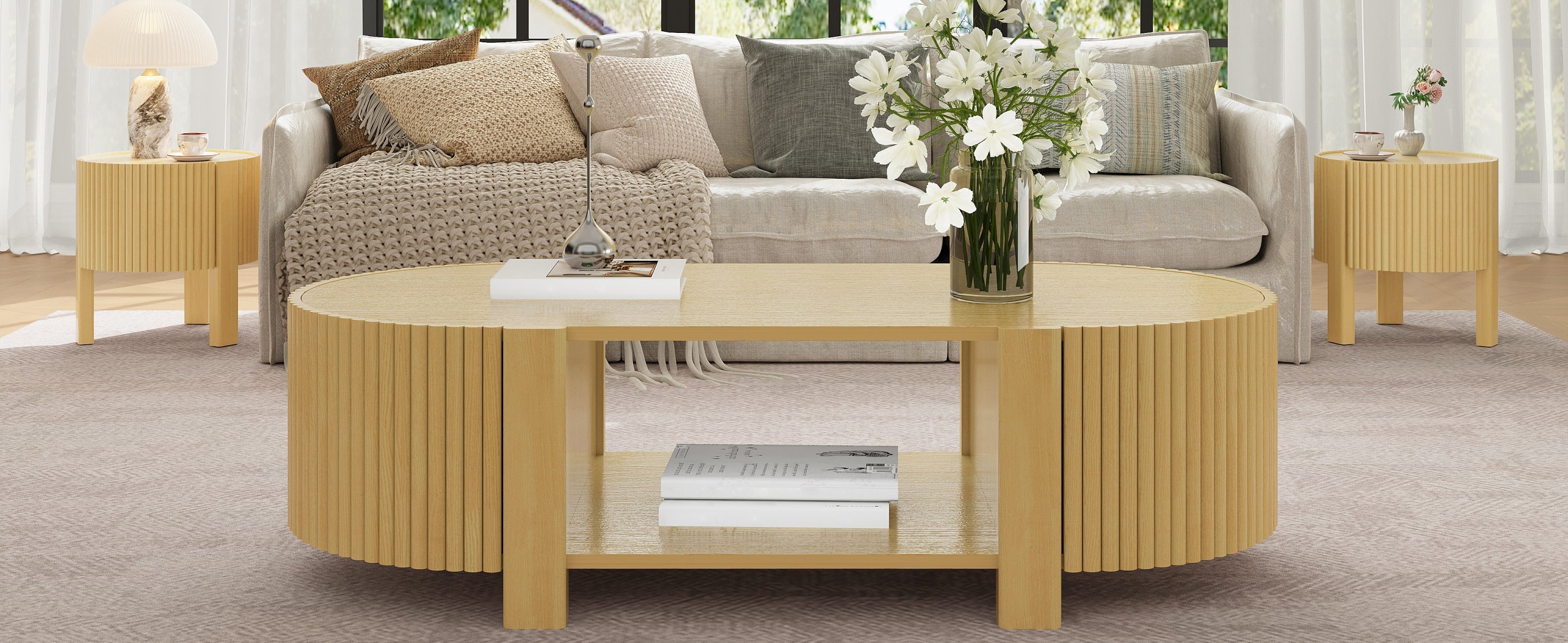 3-Piece Living Room Table Set, 1 Coffee and 2 Side Tables, Solid Wood, 47 in