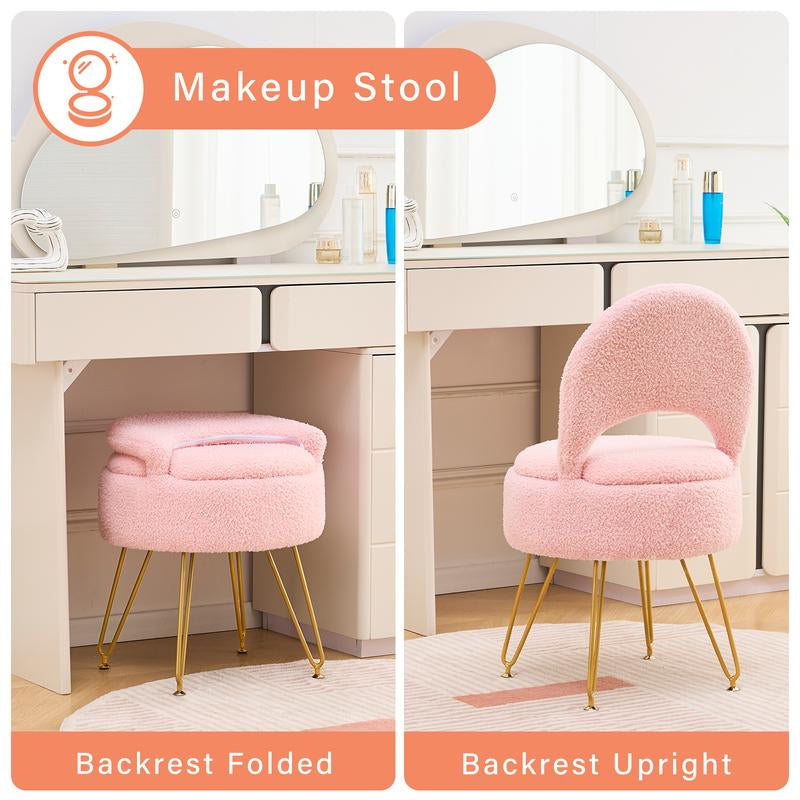 Storage Ottoman Vanity Stool Chair with Folding Back Teddy Velvet Makeup Chair Multifunctional Upholstered Footstool,4 Metal Legs with Anti-Slip Feet for Bedroom Living Room Entryway