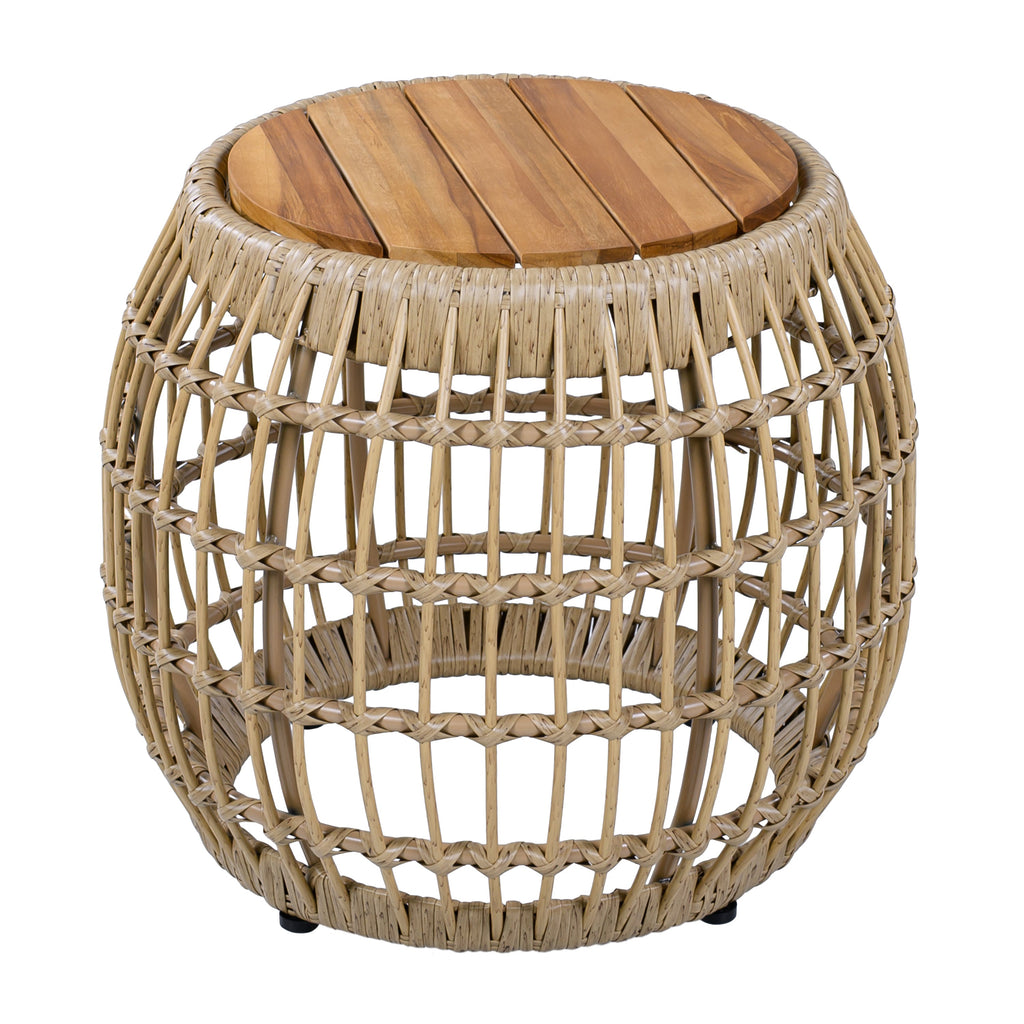 Outdoor Side Table Acacia Wood Wicker Base Round Light Brown 16in 150 LB