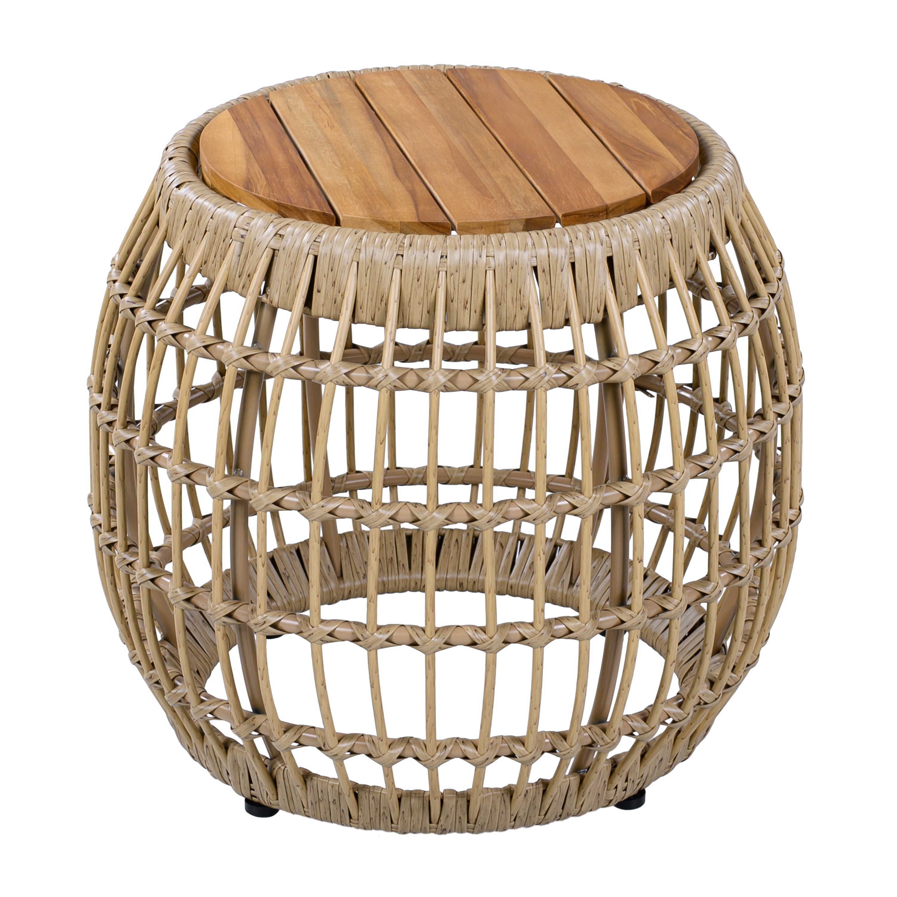 Outdoor Side Table Acacia Wood Wicker Base Round Light Brown 16in 150 LB