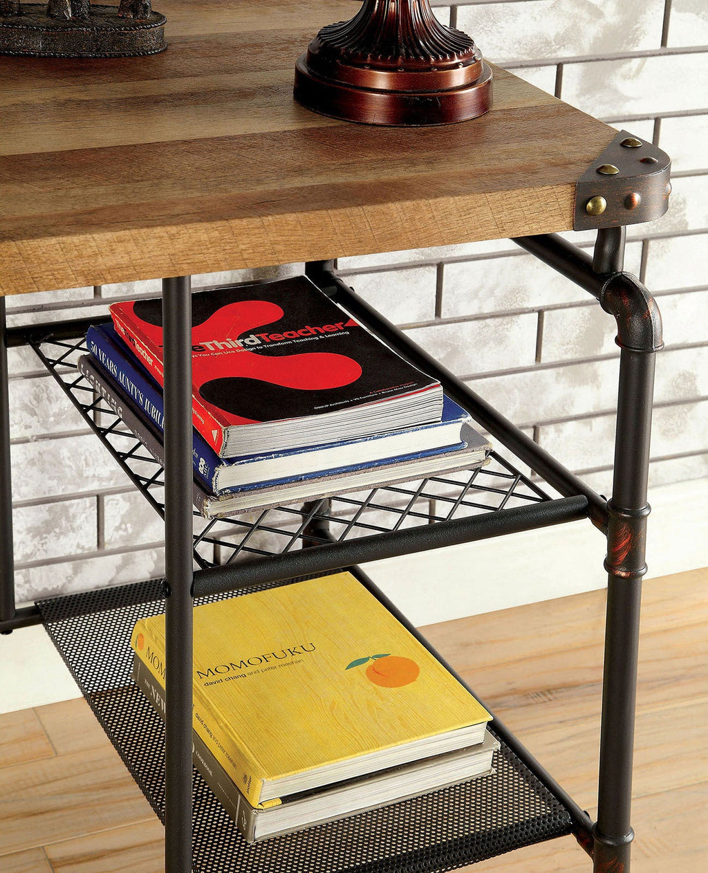 Industrial Inspired Desk With An Antique Black Metal Construction Replicated Wood Top And Caster Wheel Accents