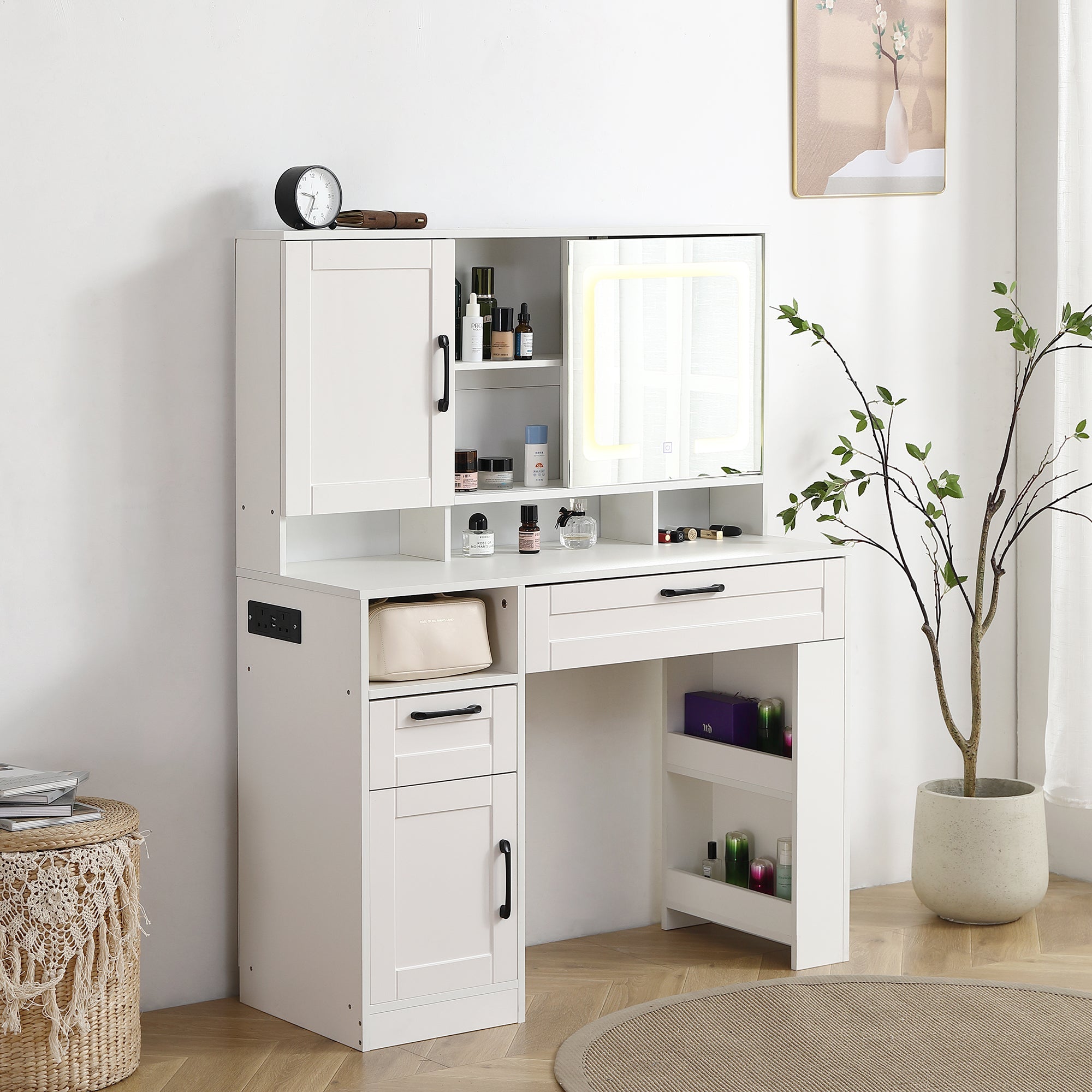 Vanity table with large sliding lighted mirror dressing table with 2 drawers storage shelves and upholstered stool white color