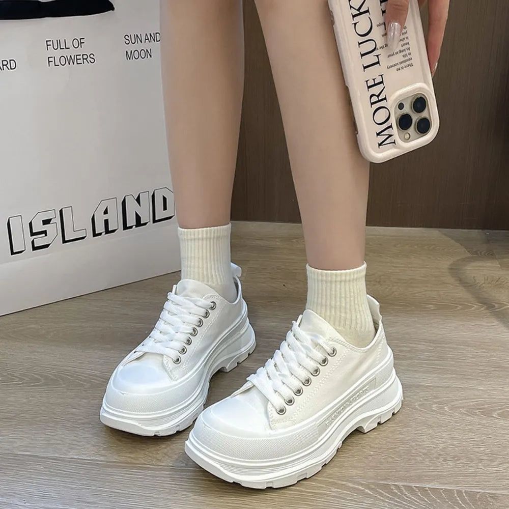 Canvas Lace Up Mid-Heel Platform Sneakers