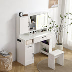 Vanity table with large sliding lighted mirror dressing table with 2 drawers storage shelves and upholstered stool white color