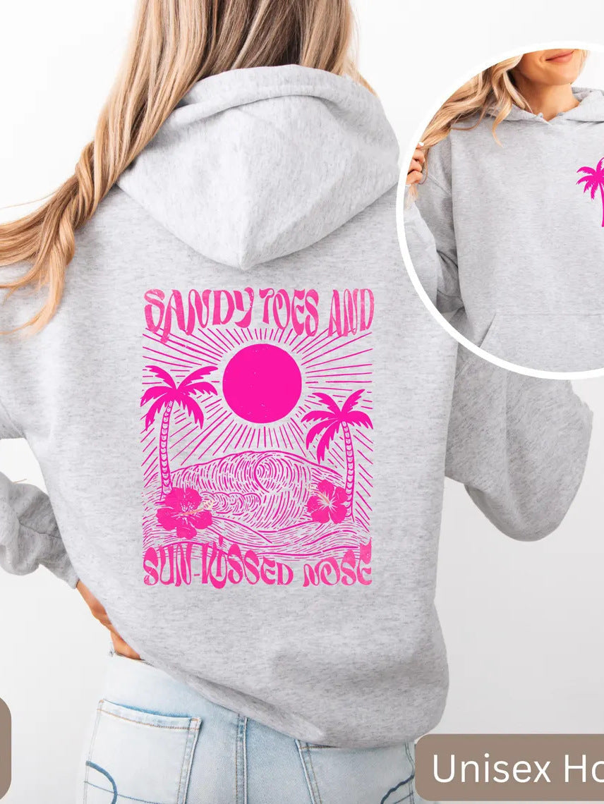 Palm Print Hoodie with Purple Bauhinia for Girls' Beach Long Sleeve Dress
