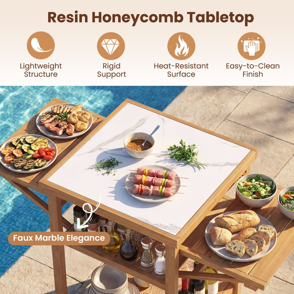 Acacia Wood Outdoor Grill Table with Faux Marble Top and Drop-Leaf Side Panels
