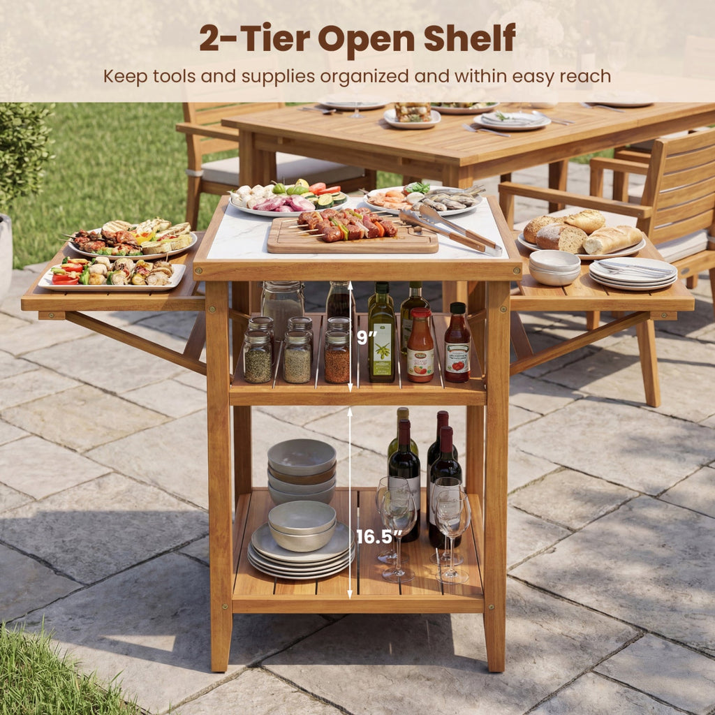 Acacia Wood Outdoor Grill Table with Faux Marble Top and Drop-Leaf Side Panels
