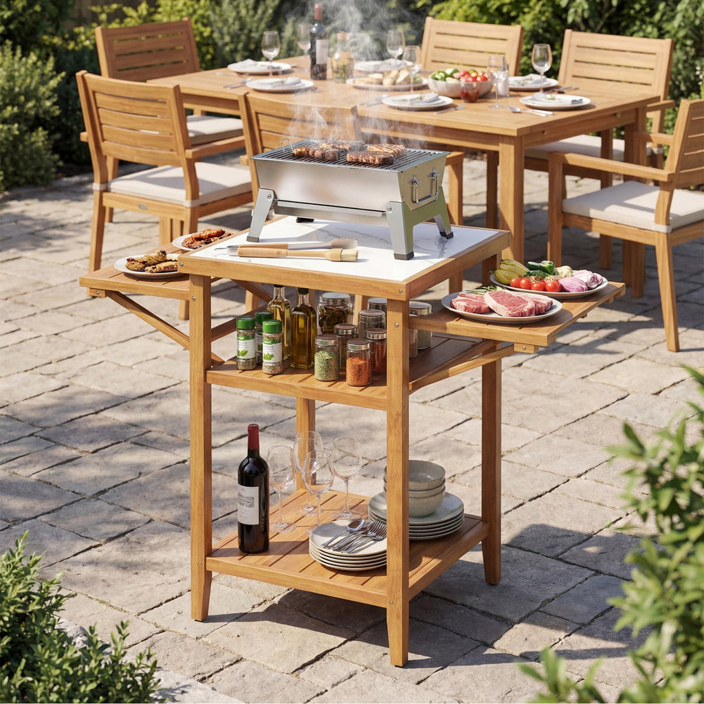 Acacia Wood Outdoor Grill Table with Faux Marble Top and Drop-Leaf Side Panels
