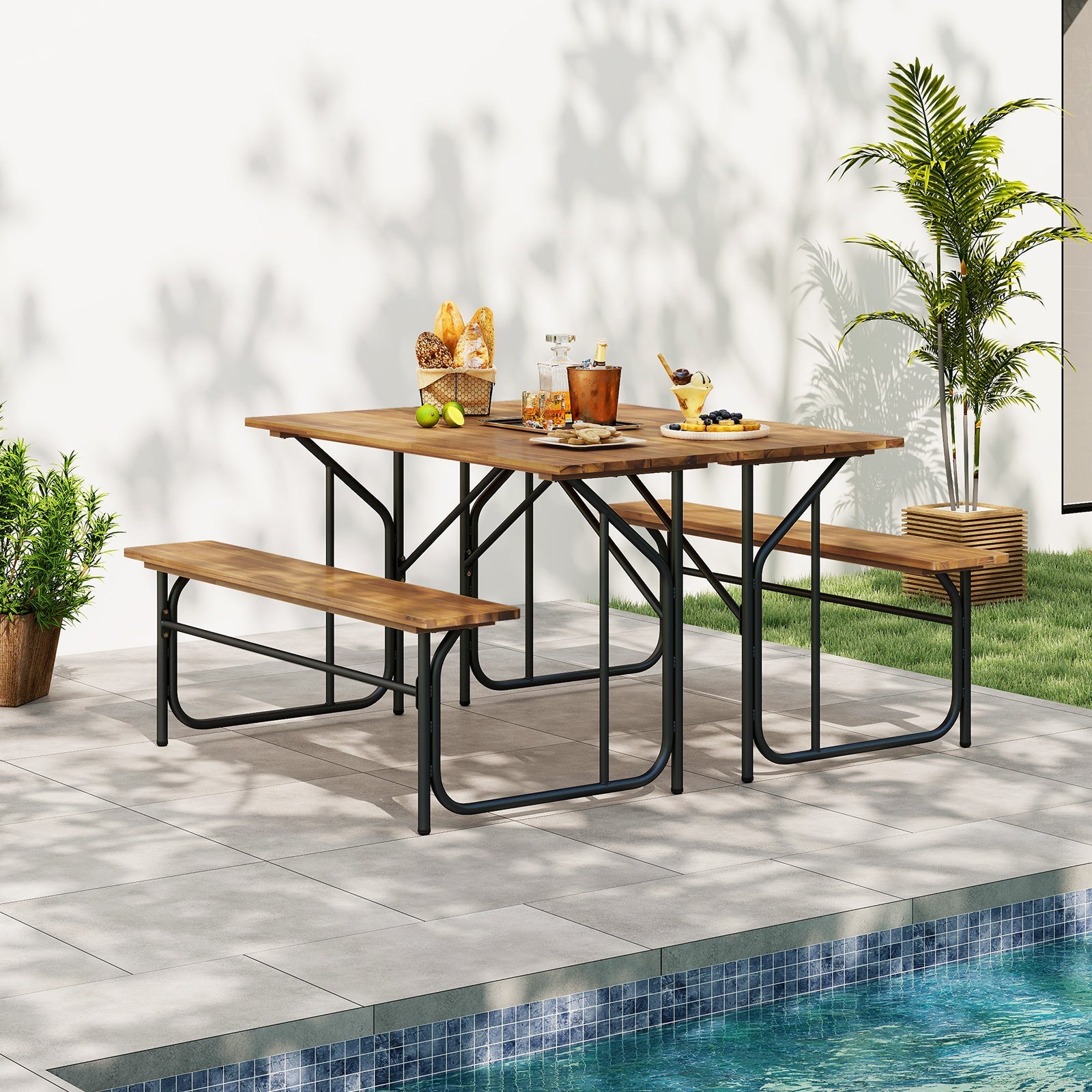 Acacia Wood Patio Table Bench for 2 People One-Side Picnic Table
