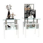Set of 2, Modern Tempered Glass Tea Table Coffee Table End Table, Square Table for Living Room, Transparent/White