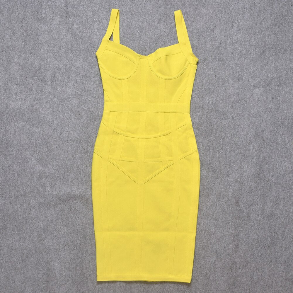 Summer Green Knee Length Hl Bandage Fresses Women Yellow Spaghetti Strap Sweetheart Sexy Sleeveless Blue Dress Bodycon