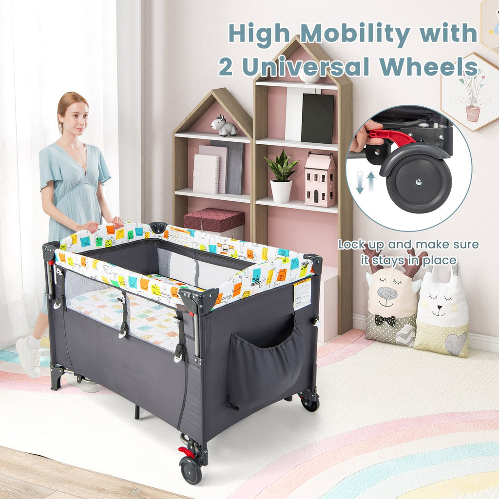 5-in-1 Baby Nursery Center Foldable Toddler Bedside Crib with Music Box-Gray