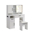 Vanity table with large sliding lighted mirror dressing table with 2 drawers storage shelves and upholstered stool white color