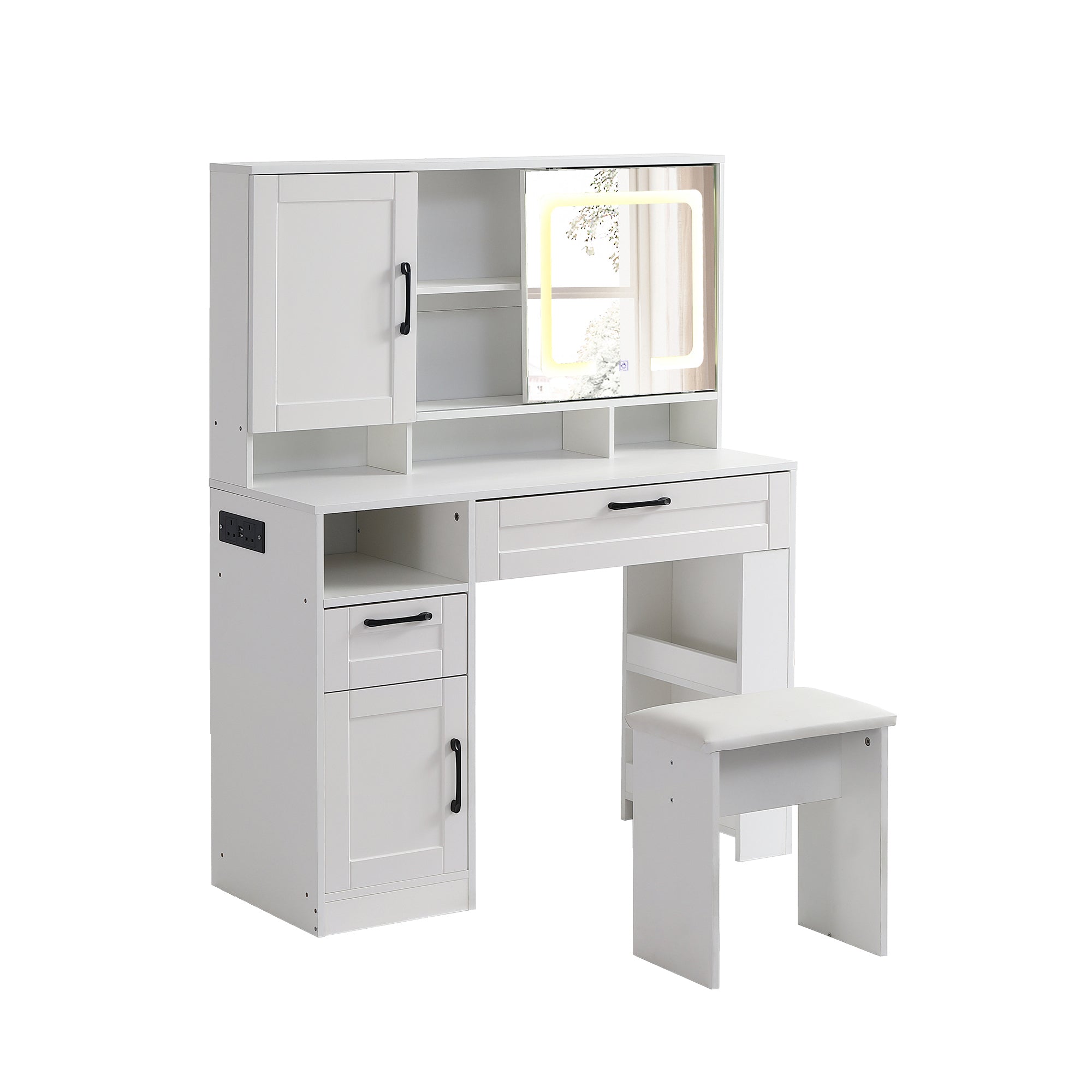 Vanity table with large sliding lighted mirror dressing table with 2 drawers storage shelves and upholstered stool white color