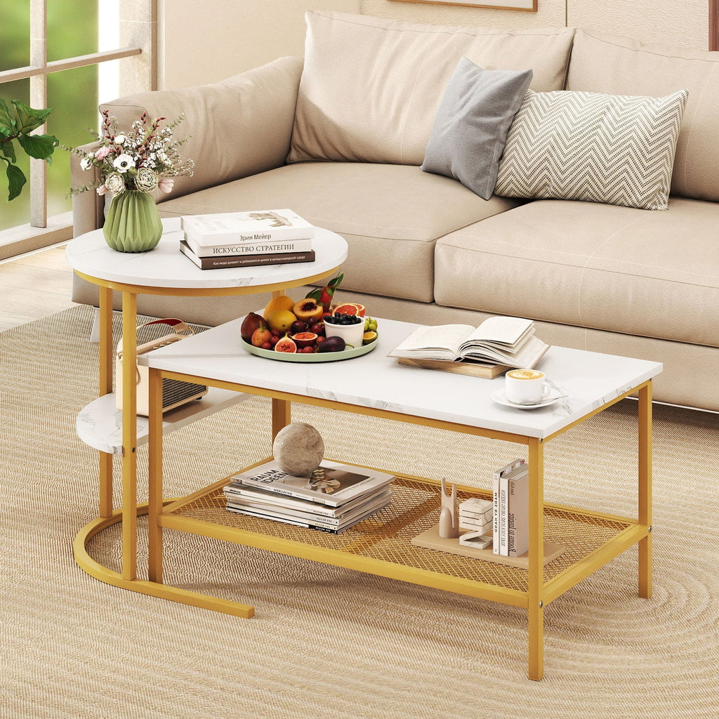 Coffee Table 2-Tier Rectangle Coffee Table and Side End Table with Storage Shelves
