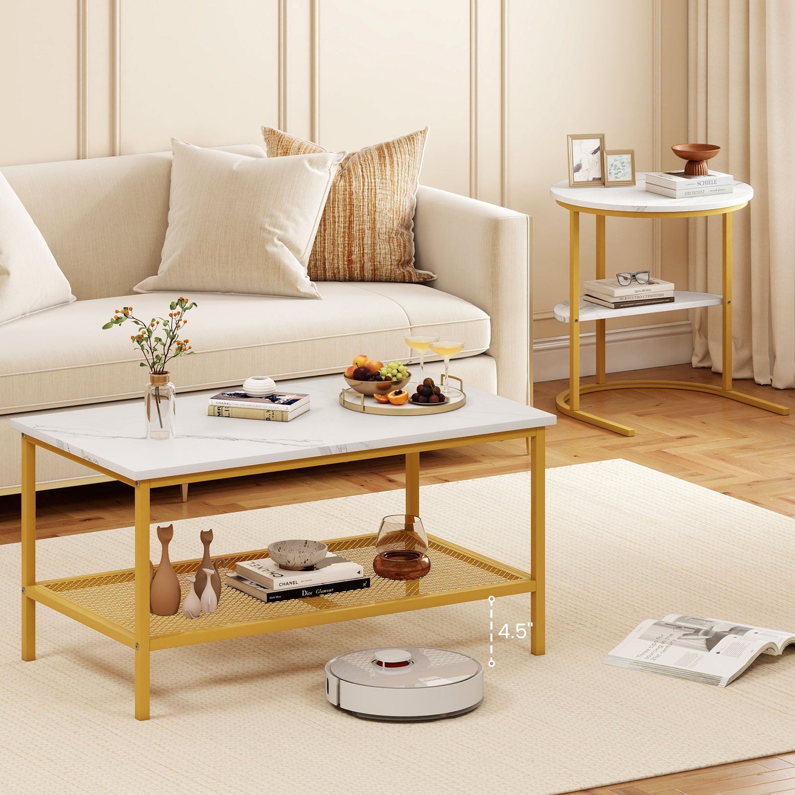 Coffee Table 2-Tier Rectangle Coffee Table and Side End Table with Storage Shelves