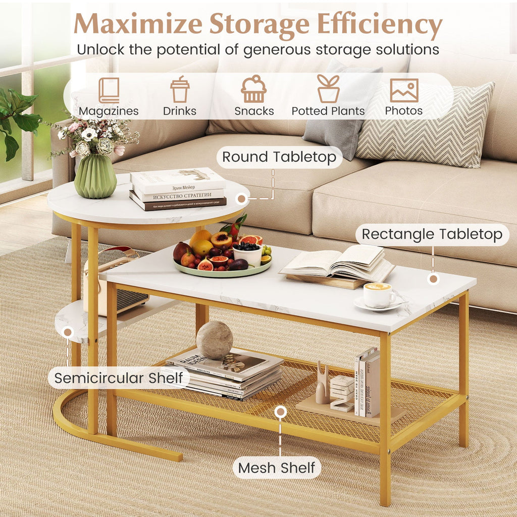 Coffee Table 2-Tier Rectangle Coffee Table and Side End Table with Storage Shelves
