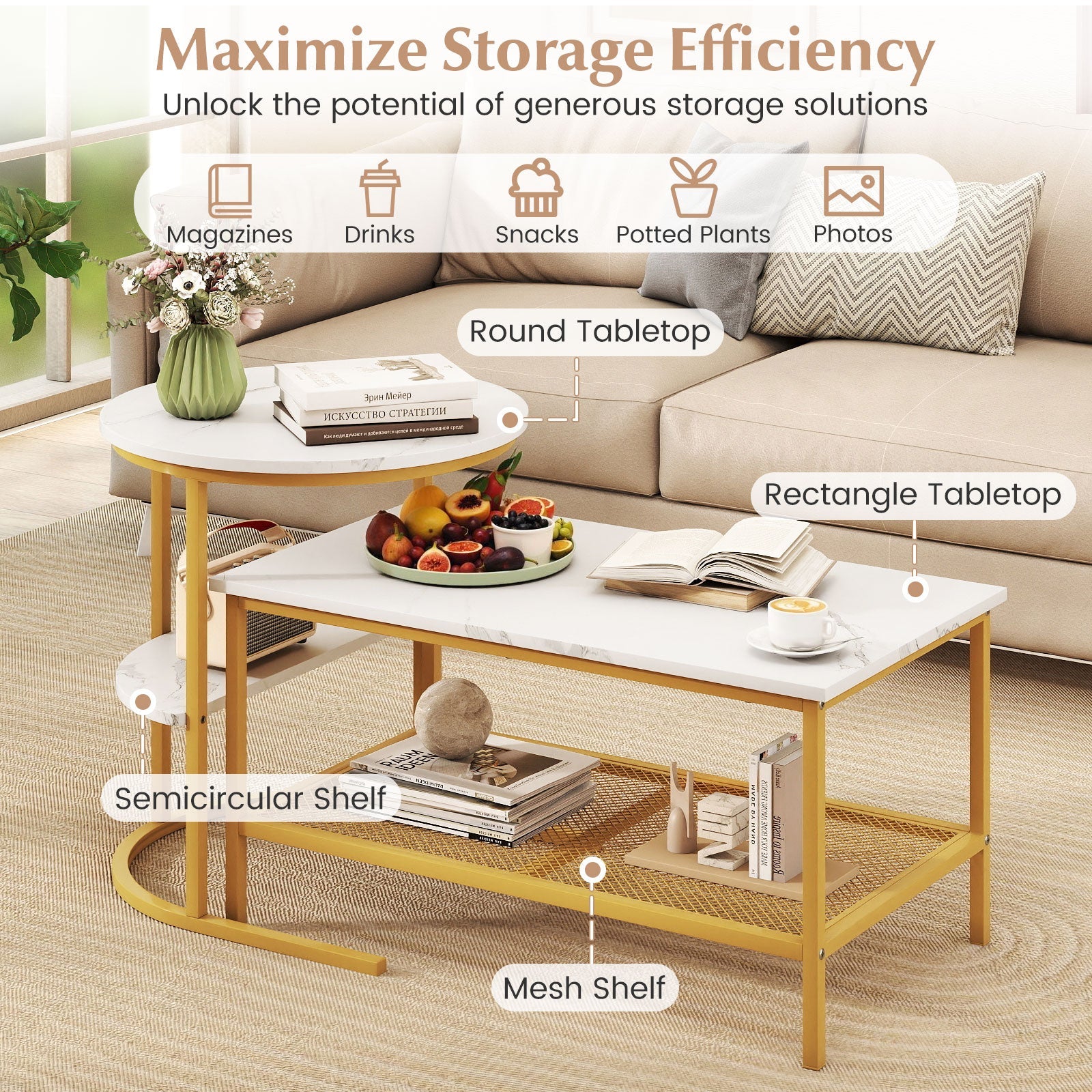 Coffee Table 2-Tier Rectangle Coffee Table and Side End Table with Storage Shelves