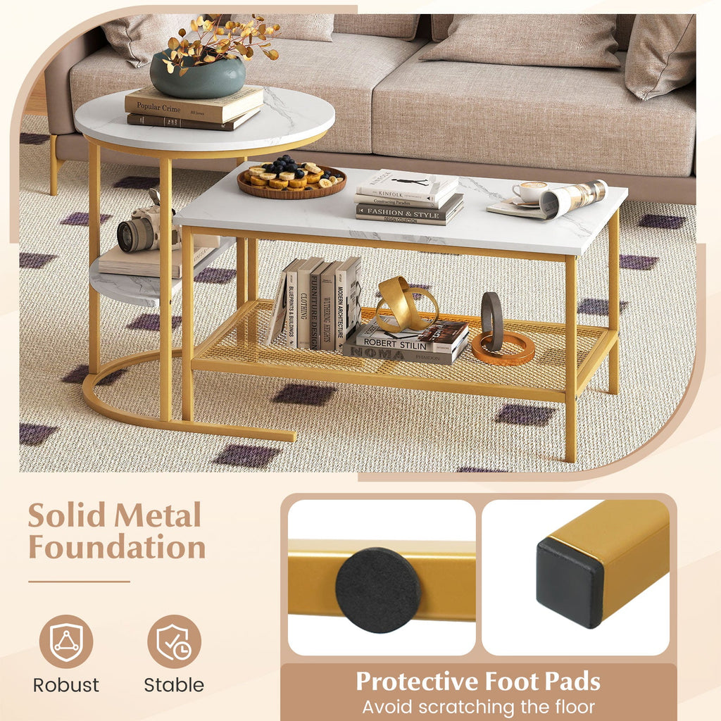 Coffee Table 2-Tier Rectangle Coffee Table and Side End Table with Storage Shelves