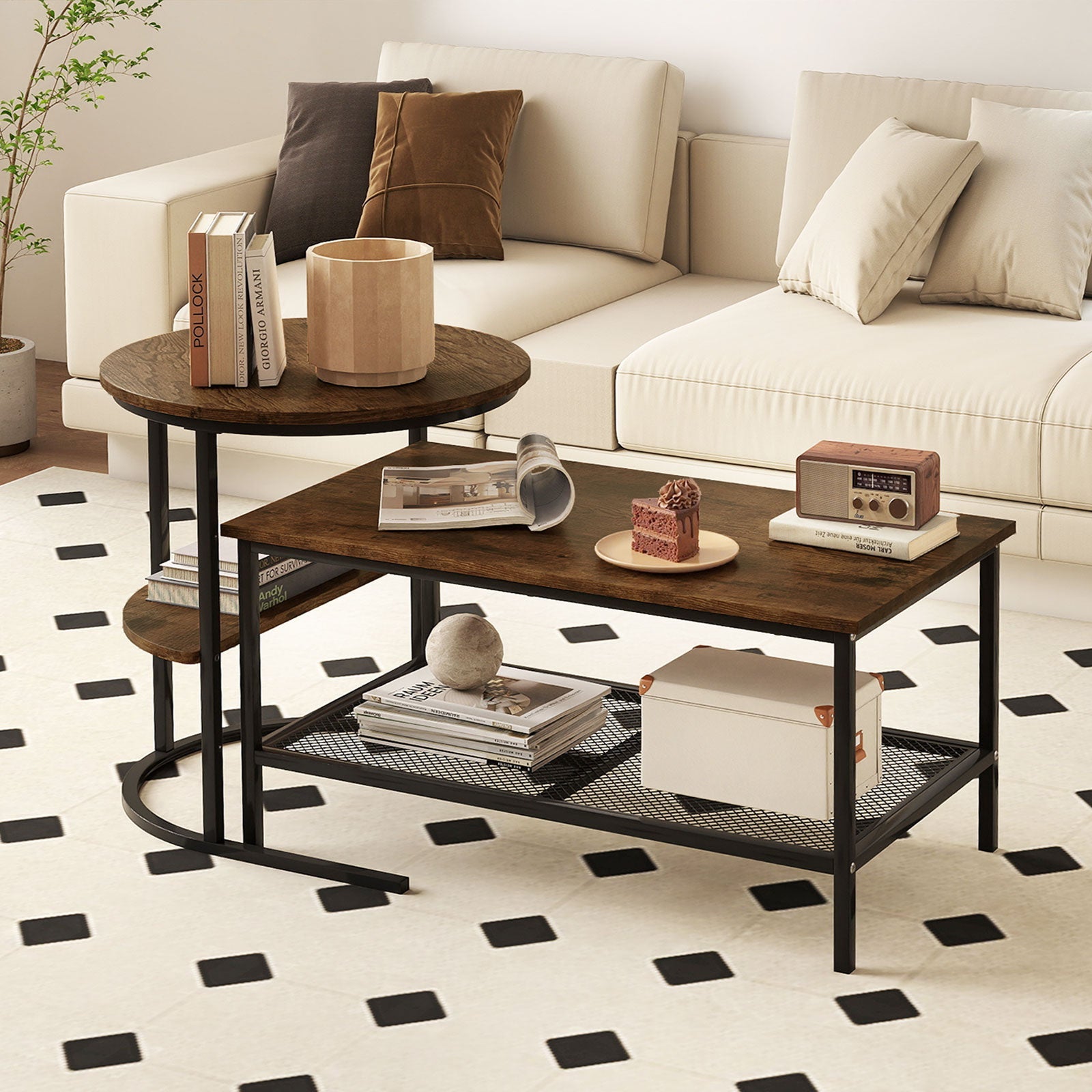 Coffee Table 2-Tier Rectangle Coffee Table and Side End Table with Storage Shelves