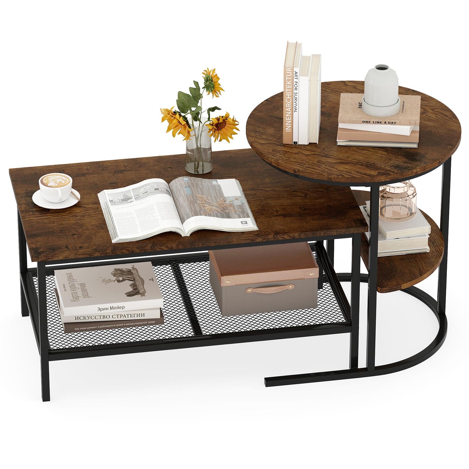 Coffee Table 2-Tier Rectangle Coffee Table and Side End Table with Storage Shelves