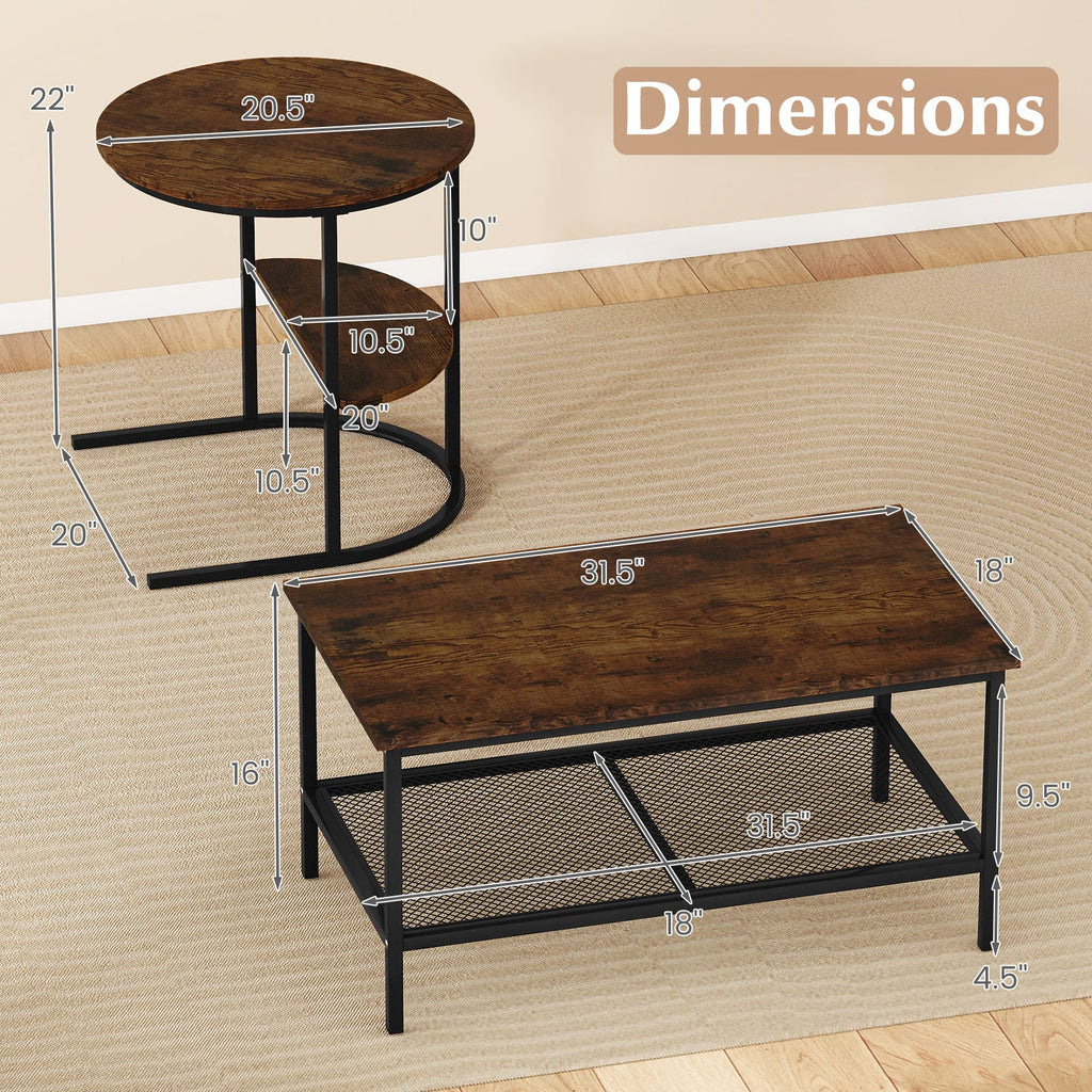Coffee Table 2-Tier Rectangle Coffee Table and Side End Table with Storage Shelves