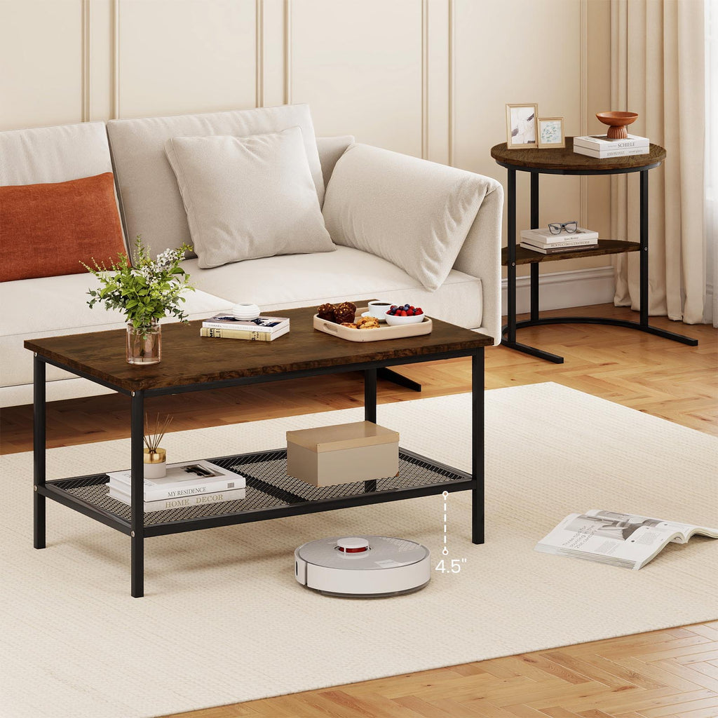 Coffee Table 2-Tier Rectangle Coffee Table and Side End Table with Storage Shelves