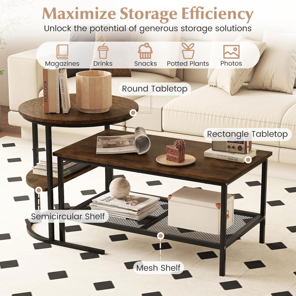 Coffee Table 2-Tier Rectangle Coffee Table and Side End Table with Storage Shelves