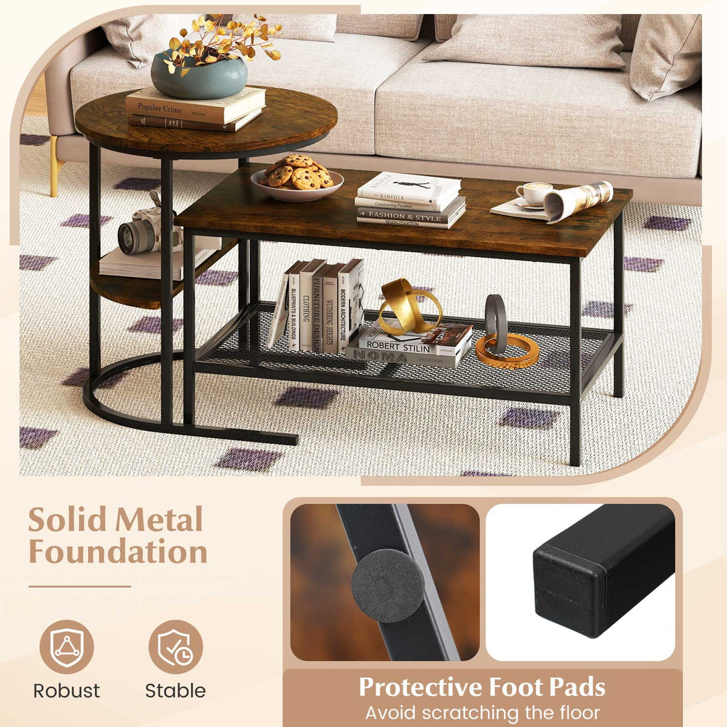 Coffee Table 2-Tier Rectangle Coffee Table and Side End Table with Storage Shelves