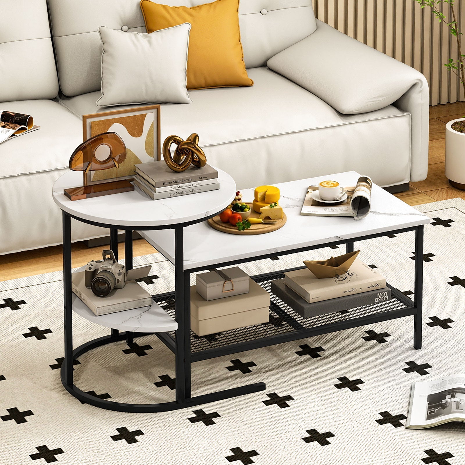 Coffee Table 2-Tier Rectangle Coffee Table and Side End Table with Storage Shelves