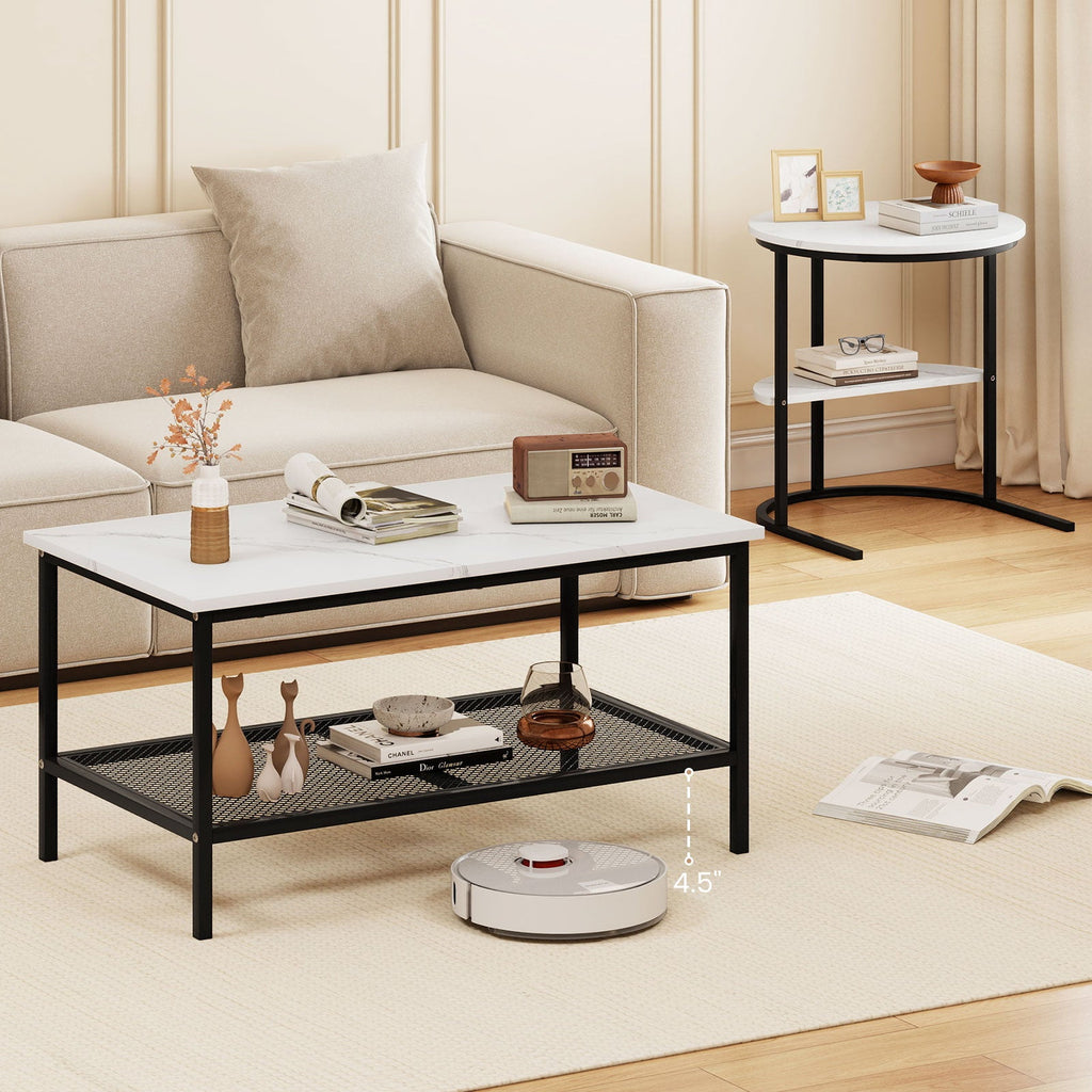 Coffee Table 2-Tier Rectangle Coffee Table and Side End Table with Storage Shelves