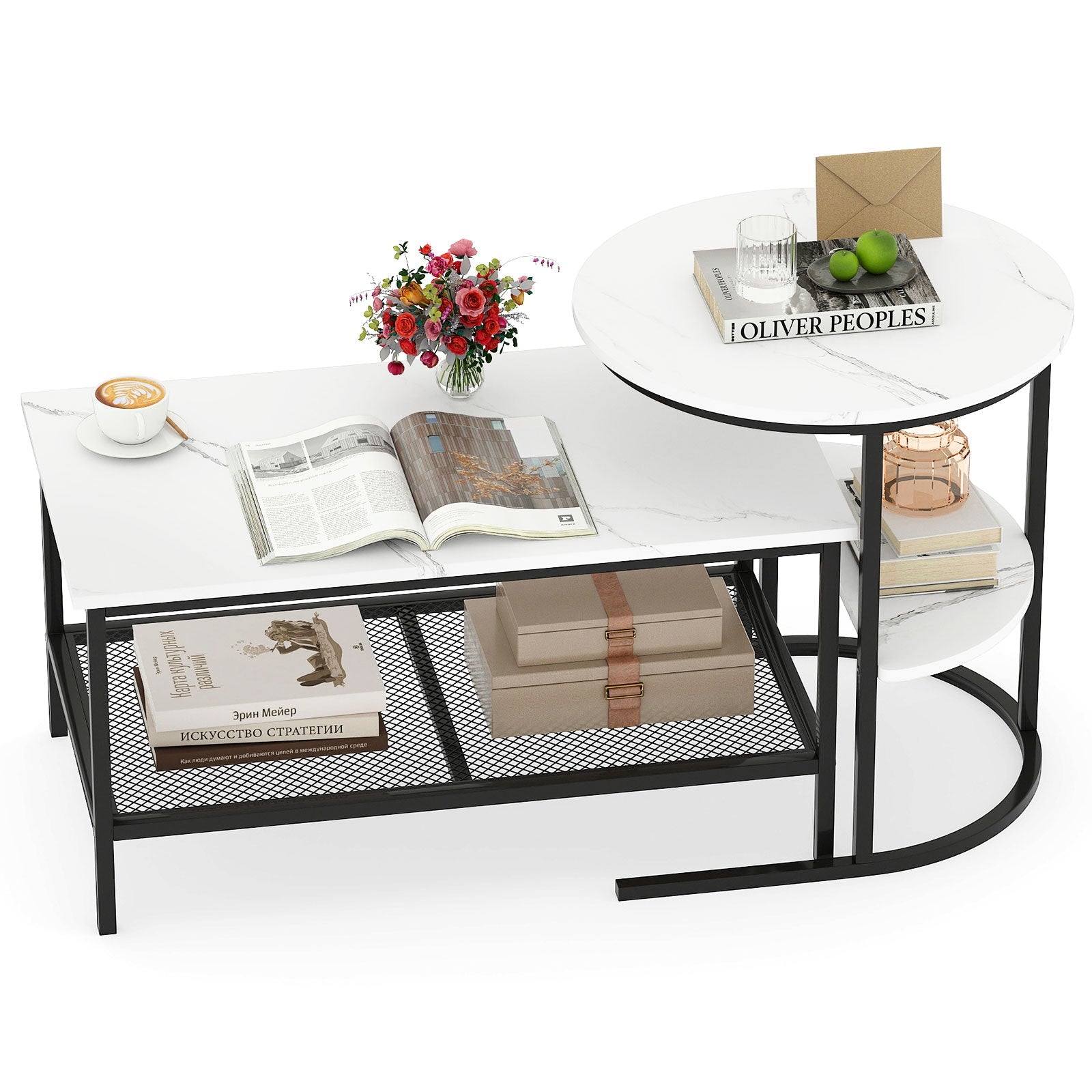 Coffee Table 2-Tier Rectangle Coffee Table and Side End Table with Storage Shelves