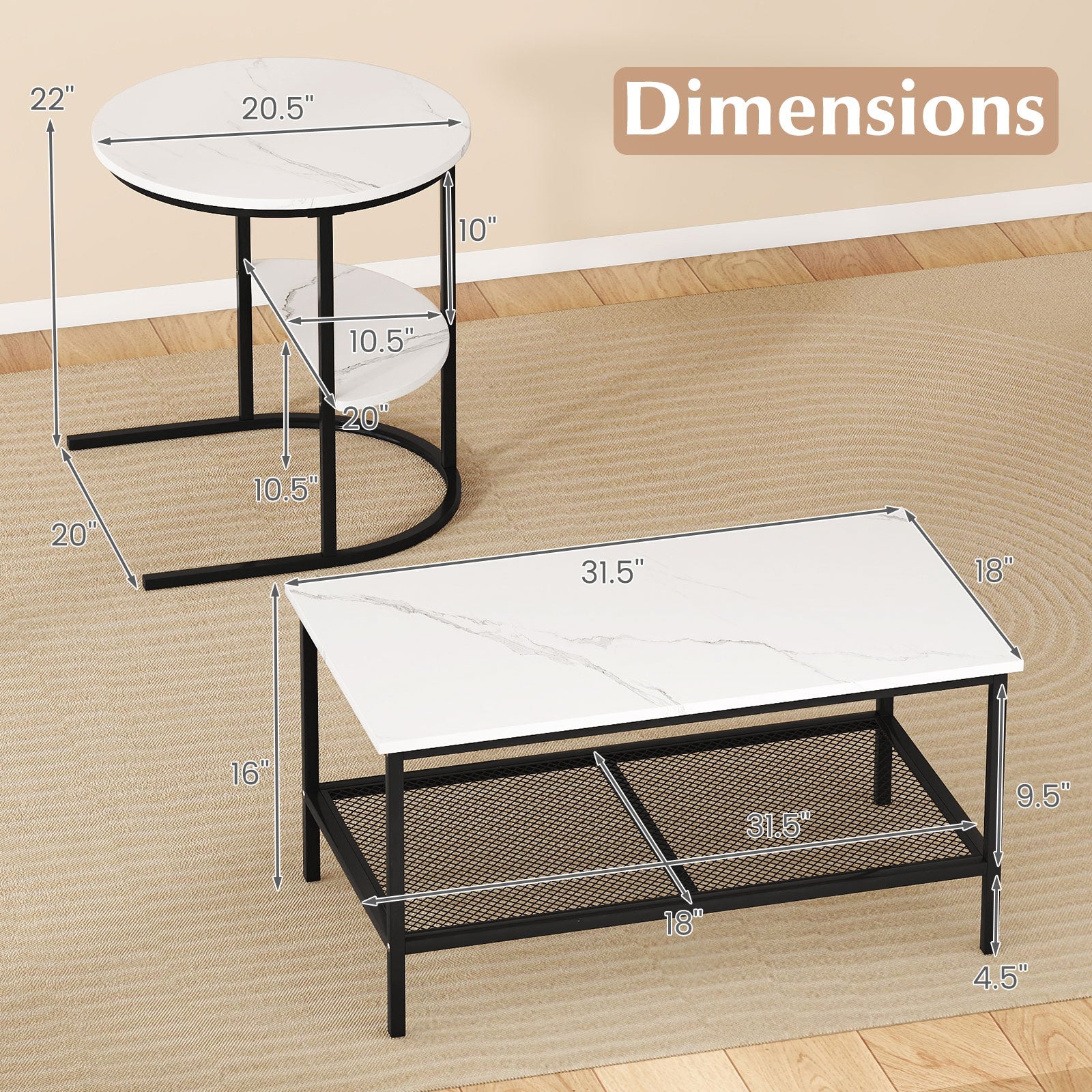 Coffee Table 2-Tier Rectangle Coffee Table and Side End Table with Storage Shelves